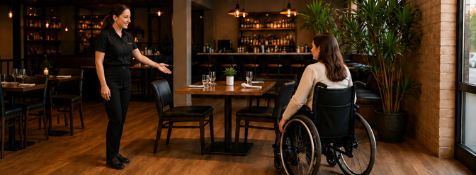 Restaurant host preparing accessible seating for a diner using a wheelchair following a reservation request