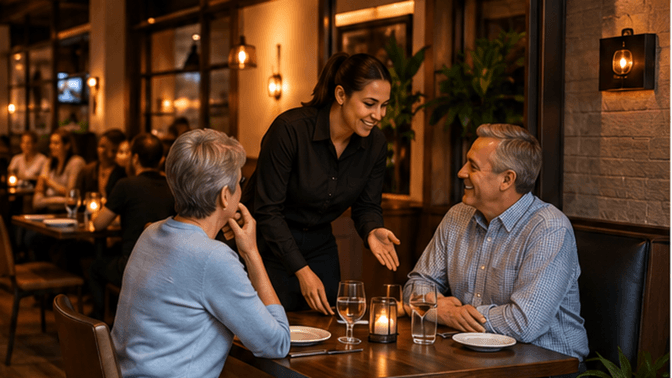 Diners having a comfortable conversation at a quieter restaurant table away from the busy bar and speakers.