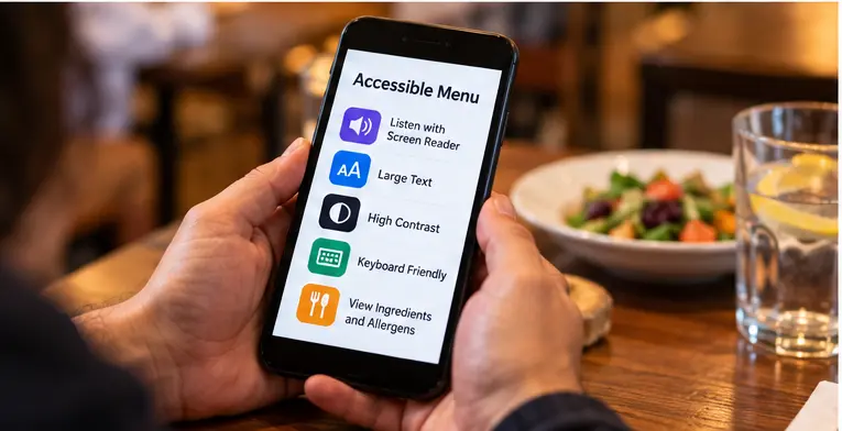 Smartphone showing accessible digital menu features including screen-reader support, large text, high contrast, keyboard-friendly navigation, and allergen information.