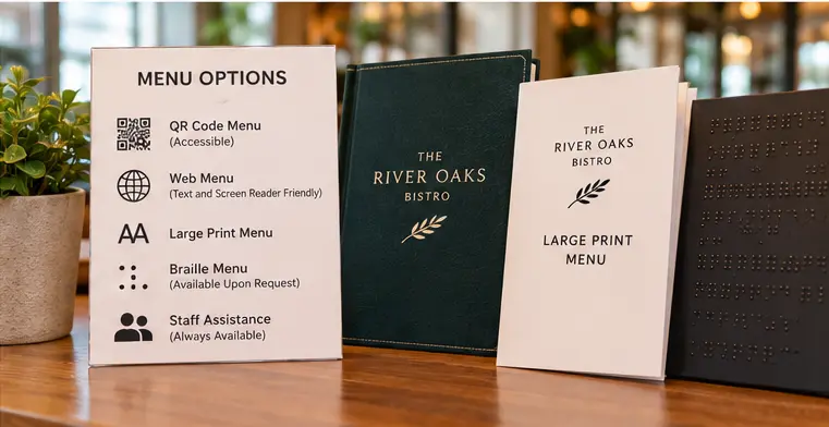 Restaurant display offering QR, screen-reader-friendly web, large-print, Braille, and staff-assisted menu options