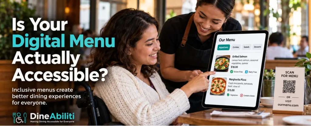Wheelchair user reviewing an accessible digital restaurant menu with a server; menu prices are displayed in U.S. dollars.