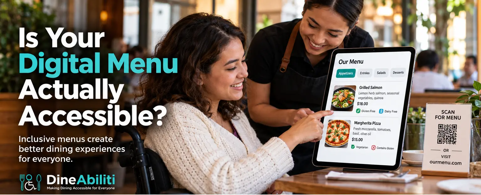 Wheelchair user reviewing an accessible digital restaurant menu with a server; menu prices are displayed in U.S. dollars.