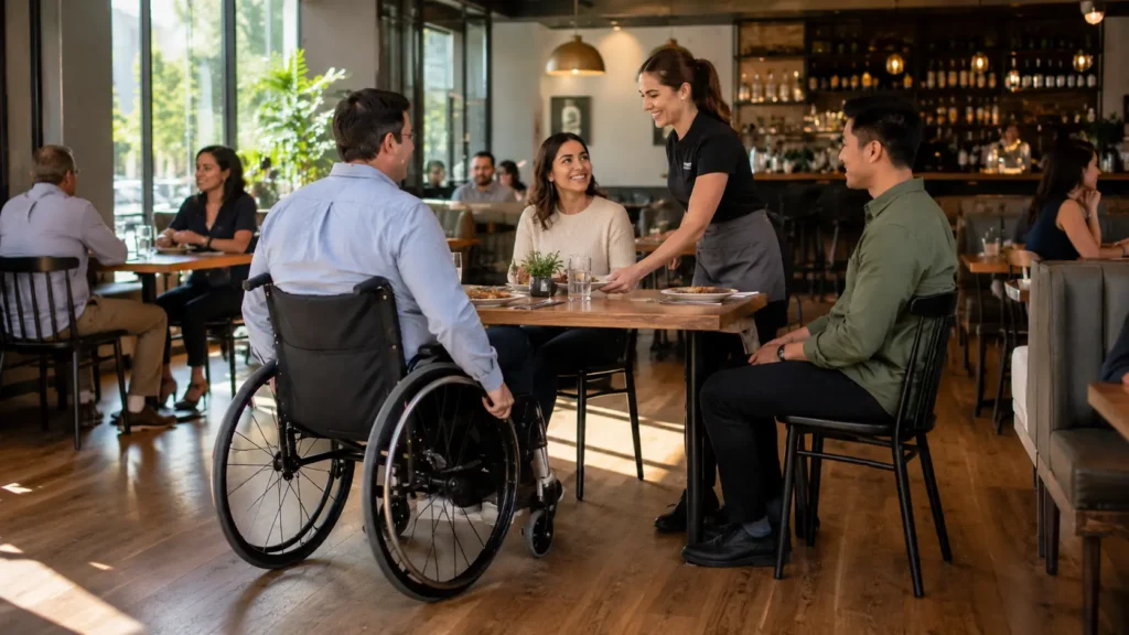Restaurant manager checking accessible table placement and seating during a restaurant accessibility walkthrough with a wheelchair user and dining companion.