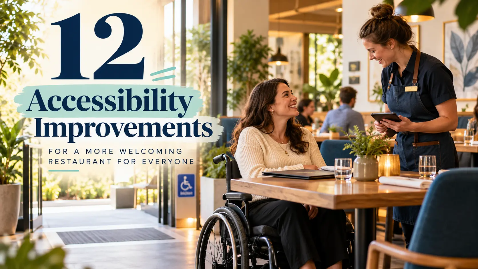 Restaurant accessibility improvements hero image showing the number 12 and a welcoming accessible restaurant setting